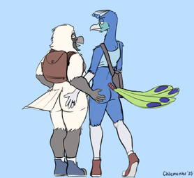 ambiguous_gender anthro backpack beak black_body black_feathers blue_body blue_feathers butt clothing countershade_face countershading digit_ring duo feathers footwear footwear_only green_body green_feathers hand_on_butt jewelry married_couple mostly_nude no_irises open_beak open_mouth ring shoes shoes_only simple_background slightly_chubby socks standing tail tail_feathers turquoise_feathers wedding_ring white_body white_feathers scribefang accipitrid accipitriform avian bearded_vulture bird galliform old_world_vulture peafowl phasianid vulture 2025 digital_drawing_(artwork) digital_media_(artwork) hi_res male_(lore) trans_(lore) trans_man_(lore)
