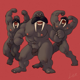 abs action_pose anthro facial_hair feet flaccid flapping_penis flexing foreskin genitals grey_body grey_skin group humanoid_feet long_tusks male musclegut muscular mustache nipples pecs penis pink_nipples pink_tongue plantigrade pose raised_arms screaming showing_armpit silly_face silly_pose simple_background slightly_chubby slightly_chubby_male smile tongue trio tusks wrinkled_penis ravuer aquatic mammal pinniped walrus 1:1 hi_res
