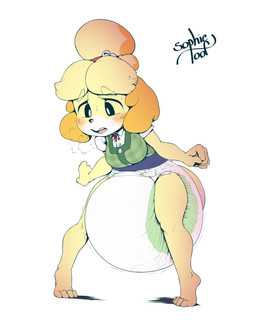 anthro beady_eyes big_diaper biped black_nose blonde_hair blush breasts clean_diaper clothed clothing diaper dipstick_tail female green_clothing green_shirt green_topwear hair huge_diaper knock-kneed markings multicolored_tail open_mouth shirt simple_background solo standing tail tail_markings topwear wearing_diaper white_background sophiepoof animal_crossing nintendo isabelle_(animal_crossing) canid canine canis domestic_dog mammal shih_tzu toy_dog 2019 hi_res signature