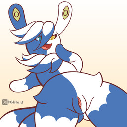 2_tails anthro blue_body blue_eyes blue_fur butt female fur genitals multi_tail semi-anthro simple_background solo tail vulva white_body white_fur yellow_eyes goombato_dibujos nintendo pokemon felid generation_9_pokemon mammal mega_evolution mega_meowstic pokemon_(species) absurd_res hi_res