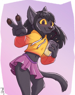 ambiguous_gender anthro beverage biped black_body black_fur black_hair blush bottomwear clothed clothed_anthro clothing container cup fully_clothed fully_clothed_anthro fur gradient_background hair holding_beverage holding_container holding_cup holding_object looking_at_viewer midriff pupils simple_background skirt slit_pupils smile solo yellow_sclera theblueberrycarrots domestic_cat felid feline felis mammal 2021 digital_drawing_(artwork) digital_media_(artwork) hi_res