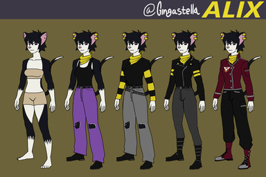 anthro clothing female fur group multicolored_body multicolored_fur uniform gingastella alix_(gingastella) domestic_cat felid feline felis humanoid mammal 3:2 hi_res model_sheet