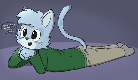 anthro clothed clothing fur happy lying male markings on_front smile solo sparkles sparkling_eyes spots spotted_body sweater tail text topwear watching_video whiskers eggnaug marshall_(eggnaug) domestic_cat felid feline felis mammal absurd_res colored digital_drawing_(artwork) digital_media_(artwork) hi_res shaded
