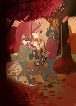 autumn boots breasts brown_body brown_fur brown_hair bulge clothed clothing eyewear falling_leaves female footwear forest fully_clothed fur glasses group gynomorph hair hoodie intersex jacket male outside plant red_hair scarf shoes sweater topwear trail tree trio walking white_body white_fur catanna hazel_(unsavoryrepute) occam_(character) haplorhine house_mouse hyena mammal monkey mouse murid murine primate rodent absurd_res hi_res trans_(lore) trans_woman_(lore)
