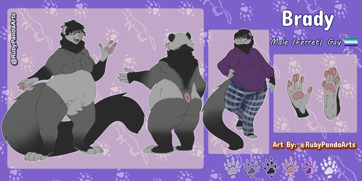 anthro black_body black_fur fur grey_body grey_fur male purple_eyes solo rubypandaarts brady_(feroferret129) domestic_ferret mammal mustelid musteline true_musteline weasel absurd_res hi_res model_sheet