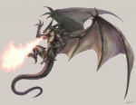 ambiguous_gender black_body black_scales claws feral fire flying grey_background membrane_(anatomy) membranous_wings open_mouth scales simple_background solo tail wings wakky european_mythology mythology dragon mythological_creature mythological_scalie scalie western_dragon