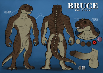 abs anthro balls black_sclera blue_background brown_body brown_tail erection fangs front_view genitals glans glistening glistening_eyes humanoid_genitalia humanoid_penis male male_anthro markings muscular muscular_anthro muscular_male nude open_mouth pecs penis red_eyes simple_background solo standing striped_arms striped_legs striped_markings striped_neck striped_tail stripes tail tail_markings teeth text hufnaar bruce_(fenrir_garou) dinosaur prehistoric_species reptile scalie english_text hi_res model_sheet