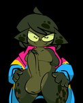 1-upclock 2024 amphibian anthro balls big_balls big_penis black_background clothing frog froggo_jay genitals green_body hair hoodie huge_penis looking_at_viewer male markings penis simple_background smile solo spots spotted_body thick_thighs topwear