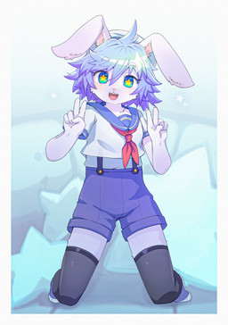 anthro breasts buckteeth clothing double_v_sign female female_anthro footwear fur gesture hair hand_gesture kemono kneeling legwear looking_at_viewer open_mouth shoes sneakers solo suspenders teeth thigh_highs tongue v_sign hanadaiteol lagomorph leporid mammal rabbit 2023 digital_media_(artwork) hi_res