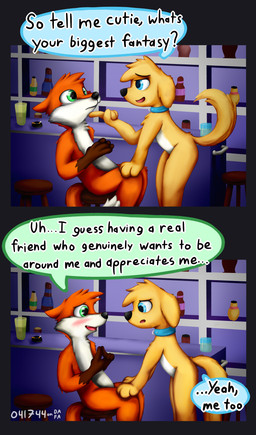 4_fingers alcohol anthro bar beverage blush bottle cigarette clothing collar collar_only container duo eye_contact featureless_crotch female finger_on_chin fingers flirting furniture gloves hand_on_knee hand_on_leg handwear humor leaning looking_at_another male male/female nude raised_tail relatable seductive sitting stool tail text the_truth ohfourmouse canid canine canis domestic_dog fox mammal 2019 absurd_res comic english_text hi_res