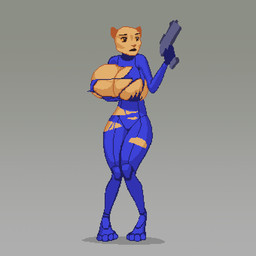 anthro big_breasts bouncing_breasts breasts clothing female gun handgun huge_breasts hyper hyper_breasts pistol ranged_weapon solo torn_clothing weapon zero_suit cubikore metroid nintendo felid lion mammal pantherine 1:1 animated character_request digital_media_(artwork) pixel_(artwork) pixel_animation