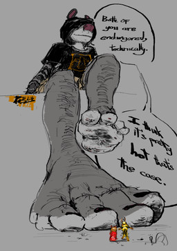 4_toes anthro barefoot black_clothing blood bodily_fluids clothed clothing colored_nails colored_toenails crush crushed_micros death dialogue dirty dirty_feet duo extinction extreme_size_difference fatal feet female foot_crush foot_fetish foot_focus fur gore grey_body group humanoid_feet larger_anthro larger_male macro male male/male micro nails paws plantigrade shirt simple_background sitting size_difference smaller_male snuff soles speech_bubble stomping text threatening toenails toes topwear trio jibjoblemeza american_opossum mammal marsupial english_text hi_res