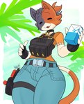 anthro belt bottomwear breasts bulletproof_vest clothing collar container denim denim_bottomwear denim_clothing eyebrows eyes_closed female fingerless_gloves fur gloves handwear holding_object inner_ear_fluff jeans milk_container multicolored_body multicolored_fur pants shirt solo topwear tuft markodrawcoisas epic_games fortnite cate_meowdy calico_cat domestic_cat felid feline felis mammal 2025 hi_res
