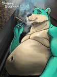 anthro blue_body blue_fur cigar cigarette cigarette_smoke fur half_clothed male photo_background smoke smoking smoking_cigar solo sheppyduke mammal mustelid otter draw_over hi_res photography_(artwork)