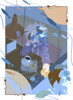 ambiguous_gender anthro beverage blue_body blue_eyes blue_fur claws clothed clothing coffee collar dessert doughnut finger_claws food fur furniture hoodie one_eye_obstructed pastry sitting solo table topwear white_body white_fur maboroshinohane nintendo pokemon kian_(kianyemao) aquatic canid canine fish generation_7_pokemon lycanroc mammal midnight_lycanroc pokemon_(species) shiny_pokemon hi_res