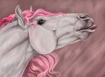 accessory ambiguous_gender bow_ribbon feral hair hair_accessory hair_bow hair_ribbon looking_at_viewer mane pink_hair pink_mane red_eyes ribbons simple_background solo tongue tongue_out white_body voronasasha peach_(wasen) equid equine horse mammal digital_media_(artwork)