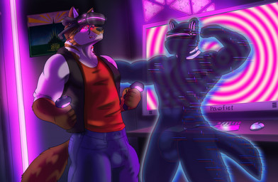 anthro bottomwear bulge clothed clothing computer controller detailed_background duo electronics erection fur glitch hair headgear headphones headset hypnosis hypnotic_eyes jacket latex latex_clothing latex_skinsuit male male/male mind_control pants poster shirt skinsuit slime spiral spiral_eyes tail text tight_clothing topwear howlfeiwolf hypnovember hypnovember2025 cjmpinger canid canine canis domestic_dog mammal unknown_species cel_shading detailed digital_media_(artwork) hi_res shaded