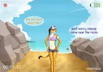 anthro beach black_hair blush camera_view clothed clothing female fur hair navel outside recording seaside smile solo text white_body white_fur yellow_body yellow_fur orbitalis cheetah felid feline mammal english_text