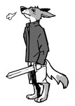 3_toes anthro barefoot black_eyes black_nose bottomwear breath clothed clothed_anthro clothing dipstick_tail feet female female_anthro fur furrowed_brow grey_clothing grey_jacket grey_tail_tip grey_topwear head_tilt holding_melee_weapon holding_object holding_sword holding_weapon jacket markings melee_weapon multicolored_body multicolored_fur shorts simple_background solo standing sword tail tail_markings toes topwear two_tone_body two_tone_fur two_tone_tail weapon whisker_spots white_background white_bottomwear white_clothing white_shorts wooden_sword young young_anthro young_female flockdog eris_(fruityfinch) canid canine canis ethiopian_wolf mammal 2024 digital_media_(artwork) english_description greyscale monochrome shaded simple_shading sketch