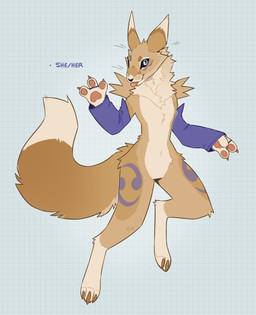 3_fingers anthro arm_tuft armwear blue_background bridal_gauntlets claws clothed clothed/nude clothing countershading double_tomoe female fingers fluffy fur fur_markings gesture hand_gesture happy leg_markings long_ears long_tail looking_at_viewer markings neck_tuft nude pawpads pink_pawpads pink_tongue pose purple_body purple_clothing purple_fur shoulder_tuft simple_background slim smile solo tail tan_body tan_fur text thigh_markings tomoe_(symbol) tongue tongue_out tuft white_body white_countershading white_fur yellow_body yellow_claws yellow_fur dozakeet bandai_namco digimon fan_character canid canine digimon_(species) fox mammal renamon colored digital_drawing_(artwork) digital_media_(artwork) hi_res shaded