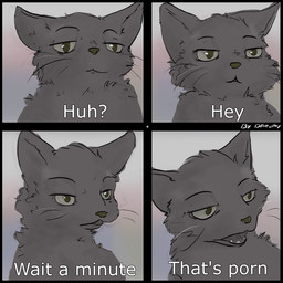 4_panel_comic ambiguous_gender anthro black_border black_eyebrows border comic_panel cute_fangs eyebrows fangs feral fur green_eyes grey_body grey_fur open_mouth solo teeth text whiskers white_text dreamingfur domestic_cat felid feline felis mammal 1:1 2026 absurd_res artist_name comic english_text hi_res meme reaction_image