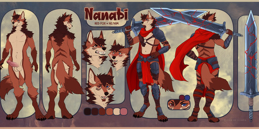 anthro armor butt genitals greatsword heterochromia male melee_weapon penis solo sword unconvincing_armor weapon ellaria nanabi_ashiro canid canine fox mammal absurd_res hi_res huge_filesize model_sheet