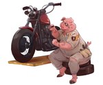 anthro belly biped chubby_cheeks clothed clothing holding_object holding_tool hooves male mechanic motorcycle overweight overweight_anthro overweight_male simple_background sitting solo tire tools torn_clothing vehicle white_background redic-nomad domestic_pig mammal suid suina sus_(pig) hi_res