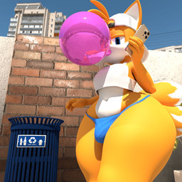 anthro backwards_baseball_cap backwards_hat baseball_cap big_butt bubble_gum bulge butt cellphone clothing electronics femboy half-closed_eyes hat headgear headwear huge_butt looking_at_viewer male narrowed_eyes outside phone recycling_bin reflection shirt solo tank_top thick_thighs thong topwear underwear adri164 sega sonic_the_hedgehog_(series) miles_prower canid canine fox mammal 1:1 3d_(artwork) digital_media_(artwork) hi_res