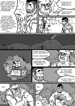 dialogue hairy male male/male muscular nipples nude snow text husky92 european_mythology greek_mythology mythology bovid bovine deer humanoid mammal minotaur orc comic english_text hi_res monochrome multiple_scenes