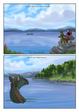 ambiguous_gender anthro biped blue_sky brown_body brown_fur brown_tail clothed clothing cloud day feral fur green_body green_fur grey_body grey_fur grey_tail hand_holding narration outside partially_submerged sky smile tail text bjekkergauken mythology shirin_(bjekkergauken) unni_(bjekkergauken) arctic_fox canid canine dragon fox furred_dragon furred_scalie gulonine mammal marten mustelid musteline mythological_creature mythological_scalie pine_marten scalie true_fox 2026 colored comic english_text hi_res