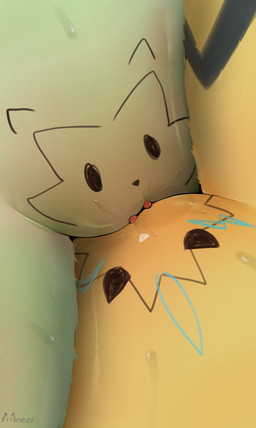 ambiguous_fluids anthro bodily_fluids clitoris close-up crotch_shot duo faceless_character female female/female fur genital_fluids genitals green_body green_fur scissor_position sex sweat sweatdrop tribadism vaginal vaginal_fluids vulva yellow_body yellow_fur moccimew nintendo pokemon pussy-cat_(meme) generation_7_pokemon generation_9_pokemon legendary_pokemon meowscarada pokemon_(species) zeraora absurd_res hi_res sketch