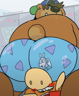 anthro backwards_baseball_cap backwards_hat baseball_cap big_butt blue_boxers blue_clothing blue_underwear blush boxers_(clothing) brown_body brown_fur bubble_butt butt butt_smother clothing duo facesitting fur hair hair_over_eye hat headgear headwear looking_back looking_pleasured male male/male short_tail sitting_on_another smothering tail underwear paddlebear asinus bear donkey equid equine mammal 2d_animation animated frame_by_frame loop