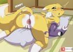 anthro anus armwear big_anus black_sclera blue_eyes bodily_fluids breasts butt clothing elbow_gloves female genital_fluids genitals gloves grinding handwear masturbation pillow pillow_humping pussy solo vaginal_fluids ike_marshall bandai_namco digimon digimon_(species) renamon hi_res