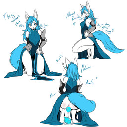 anthro anus armor aroused blue_clothing blue_dress blue_eyes blue_tail blush bodily_fluids breath cheek_tuft clothing crouching dialogue digitigrade dress egg facial_tuft female front_view genitals markings oviposition panting rear_view robe side_view solo tail text tuft vaginal_oviposition vulva white_body snowiefeather thermia_(character) canid canine canis fox hybrid mammal wolf 1:1 absurd_res comic english_text hi_res