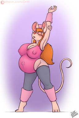 3_toes anthro barefoot belly big_belly big_breasts bodily_fluids breasts clothed clothing exercise feet female fur hair huge_breasts nipple_outline nipples pregnant pregnant_anthro pregnant_female simple_background solo sweat toes workout_clothing drxii chip_'n_dale_rescue_rangers disney gadget_hackwrench mammal mouse murid murine rodent 2:3 digital_media_(artwork) hi_res
