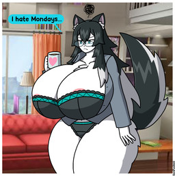 anthro areola areola_slip big_breasts breasts clothing coffee_mug curvy_figure eyewear female glasses grumpy hourglass_figure huge_breasts lingerie solo zerosenpie ms_kurone canid canine canis mammal wolf hi_res