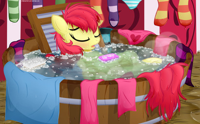 bath blush clothing eyes_closed female feral footwear hair legwear panties partially_submerged red_hair socks solo underwear water wet yellow_body young young_feral junglepony friendship_is_magic hasbro my_little_pony apple_bloom_(mlp) earth_pony equid equine horse mammal pony absurd_res hi_res