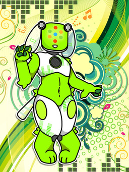 2000s_theme ambiguous_gender anthro frutiger_metro fur green_body green_fur pawpads solo speaker translucent_ears translucent_tail y2k_(graphic_design) bugisinx_(artist) sega sega_fave canid canine canis domestic_dog idog mammal robot_anthro hi_res