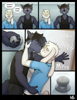 anthro anthro_on_anthro athletic athletic_anthro athletic_male barely_visible_nipples big_ears black_clothing black_hair black_shirt black_tank_top black_topwear blue_clothing blue_shirt blue_topwear blush bottomwear clothed clothing clothing_lift dialogue door door_handle doorknob duo eye_contact eyes_closed eyewear fur glasses grey_body grey_fur hair inside jock kissing looking_at_another male male/male multicolored_body multicolored_fur nerd nipples onomatopoeia pants romantic romantic_couple shirt shirt_lift smile sound_effects speech_bubble tail tank_top text topwear white_body white_fur granitemcgee cole_(granitemcgee) lucas_(granitemcgee) canid canine canis lagomorph leporid mammal rabbit wolf 2025 comic english_text hi_res