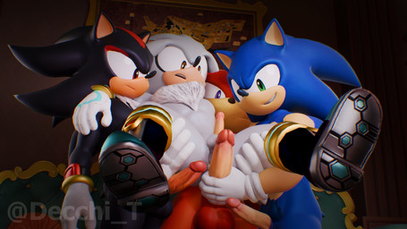 anthro arm_around_shoulders balls big_penis black_body blue_body boots brown_eyes chest_fur chest_tuft clothing erection footwear footwear_only fur genitals glans gloves green_eyes group handwear holding_both_legs holding_penis humanoid_genitalia humanoid_penis imminent_anal imminent_sex lifting_partner male male/male mostly_nude nude open_mouth painting_(object) penis purple_eyes red_body sex shoes shoes_only smile tail text tuft white_body white_fur decchi_t blendrdragon_(modeler) kabalmystic_(modeler) sega sonic_the_hedgehog_(series) knuckles_the_echidna shadow_the_hedgehog silver_the_hedgehog sonic_the_hedgehog echidna eulipotyphlan hedgehog mammal monotreme 16:9 3d_(artwork) digital_media_(artwork) hi_res watermark widescreen