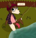 anthro ball_tuft balls big_penis big_pubes bottomless bottomless_anthro bottomless_male clothed clothing dialogue fishing fishing_rod genitals grass_field male penis pond pubes red_penis small_but_hung solo speech_bubble talking_to_viewer tuft vein veiny_penis mikey6193 webfishing canid canine mammal hi_res