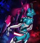 abstract_background antennae_(anatomy) armwear black_sclera bodily_fluids breast_squish breasts breasts_frottage butt clothing collar duo elbow_gloves eye_contact female female/female glistening gloves glowing gun hair hair_over_eye handgun handwear humanoid_pointy_ears legwear long_tongue looking_at_another looking_at_viewer looking_back melee_weapon not_furry one_eye_obstructed pistol pointy_ears purple_body purple_eyes purple_skin ranged_weapon saliva science_fiction side_boob simple_background squish standing sword teal_body teal_skin thigh_highs tongue tongue_out weapon dclzexon trials_in_tainted_space zo'dee alien humanoid rahn 2013