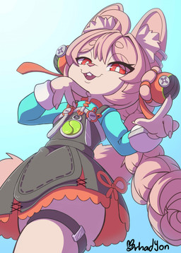 anthro black_clothing blue_clothing clothing ear_piercing female fur hair inner_ear_fluff kemono low-angle_view nails narrowed_eyes piercing pink_body pink_ears pink_fur pink_hair rabbit_ears red_eyes simple_background solo teeth tuft rhadyon mihoyo zenless_zone_zero zhao_(zenless_zone_zero) lagomorph leporid mammal rabbit thiren hi_res