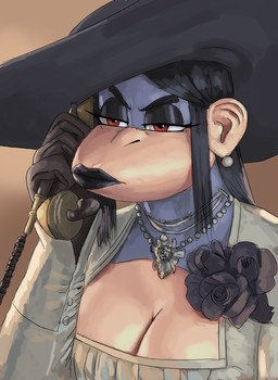 anthro big_breasts black_lips breasts cleavage clothed clothing cosplay dress ear_piercing electronics female flower fur gloves grey_body grey_fur hair handwear hat headgear headwear holding_object holding_phone jewelry landline_phone lips long_hair necklace phone piercing plant red_eyes solo sun_hat thick_lips redustheriotact capcom resident_evil alcina_dimitrescu alexandria_(redustheriotact) haplorhine mammal monkey primate 2022 hi_res mother_(lore) parent_(lore)