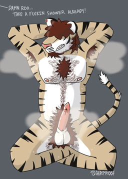 animal_genitalia anthro armpit_hair armpit_tuft balls black_stripes bodily_fluids body_hair chest_hair chest_tuft genital_piercing genitals hair hair_over_eyes male musky_armpit musky_penis nipples penis penis_piercing piercing profanity red_hair sheath solo steam steaming_body stripes sweat text tuft tigerproof roo_(tigerproof) felid mammal pantherine tiger english_text hi_res