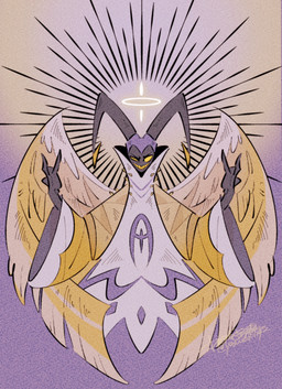 aureola black_hands clothed clothing devil_horns_(gesture) empty_eyes fake_horns feathered_wings feathers gesture halo hand_gesture horn long_sleeves male markings mask masking not_furry robe sharp_teeth sleeves solo spikes symbol symbol_on_clothing teeth white_clothing white_robe wing_markings wings yellow_halo yellow_sleeves yellow_spikes yellow_teeth yellow_wings yasutak1192 hazbin_hotel hellaverse adam_(hazbin_hotel) angel angel_humanoid humanoid absurd_res hi_res
