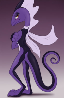 3_toes anthro claws crossed_arms curled_tail feet finger_claws gradient_background long_tail looking_at_viewer looking_back looking_back_at_viewer male narrowed_eyes nude nude_anthro nude_male orange_eyes purple_body purple_claws purple_tail rear_view simple_background smile smiling_at_viewer solo standing tail toe_claws toes meraence nintendo pokemon fan_character generation_8_pokemon inteleon pokemon_(species) 2020 digital_media_(artwork) hi_res