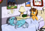 bed bedroom blue_eyes bottle brown_hair container cutie_mark duo eyes_closed eyewear female feral furniture grey_hair hair horn inside lamp male pillow sleeping tail madhotaru friendship_is_magic hasbro my_little_pony mythology doctor_stable_(mlp) screw_loose_(mlp) earth_pony equid equine horse mammal mythological_creature mythological_equine pony unicorn 2013