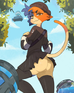 anthro arms_bent armwear battle_bus beanie bedroom_eyes bent_leg biped black_armwear black_bottomwear black_clothing black_eyebrows black_legwear black_nose black_skirt black_stripes blue_body blue_fur blue_hair blue_sky blue_text bottomwear brown_beanie brown_clothing brown_hat brown_headwear brown_topwear butt chug_jug closed_smile clothed clothed_anthro clothed_female clothing cloud countershade_face countershade_fur countershade_neck countershading dark_eyelids day dipstick_tail exposed_butt eyebrow_through_hair eyebrows eyelashes female female_anthro fur hair hat headgear headwear iris legwear long_tail looking_at_viewer looking_back looking_back_at_viewer looking_down looking_down_at_viewer low-angle_view markings monotone_bottomwear monotone_clothing monotone_hat monotone_headwear monotone_legwear monotone_skirt monotone_topwear mouth_closed multicolored_armwear multicolored_body multicolored_clothing multicolored_fur multicolored_hair narrowed_eyes no_underwear orange_body orange_fur orange_hair orange_markings orange_tail_tip outside pattern_armwear pattern_clothing pose presenting presenting_hindquarters pupils raised_leg raised_tail seductive short_hair skirt sky slim slim_anthro slim_female smile smiling_at_viewer smirk smirking_at_viewer solo standing straight_leg striped_armwear striped_clothing stripes tail tail_markings tail_under_skirt tail_upskirt tan_body tan_butt tan_countershading tan_fur tan_tail text three-quarter_view topwear translucent translucent_hair two_tone_armwear two_tone_clothing two_tone_hair upskirt white_armwear white_clothing white_sclera white_stripes yellow_eyes hotterthanjuly epic_games fortnite meow_skulls felid feline mammal 4:5 absurd_res artist_name english_description hi_res pinup portrait shaded three-quarter_portrait