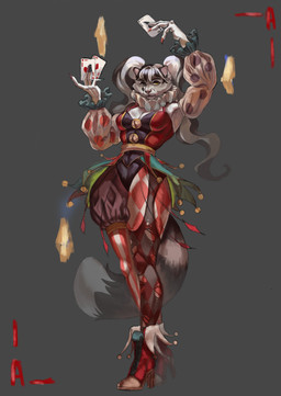 anthro card card_game clown clown_costume clown_makeup clown_shoes female gaming joker_(playing_card) raccoon_tail raccoon_tail_hair solo conditional_dnp kiras_arkaneks canid canine hybrid mammal procyonid raccoon raccoon_dog absurd_res hi_res